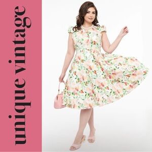 Unique Vintage 1950s Pink & Green Floral Cotton Larisa Swing Dress, New!